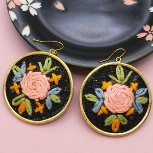 Black Floral Cross Stitch Embroidered Gold Earrings